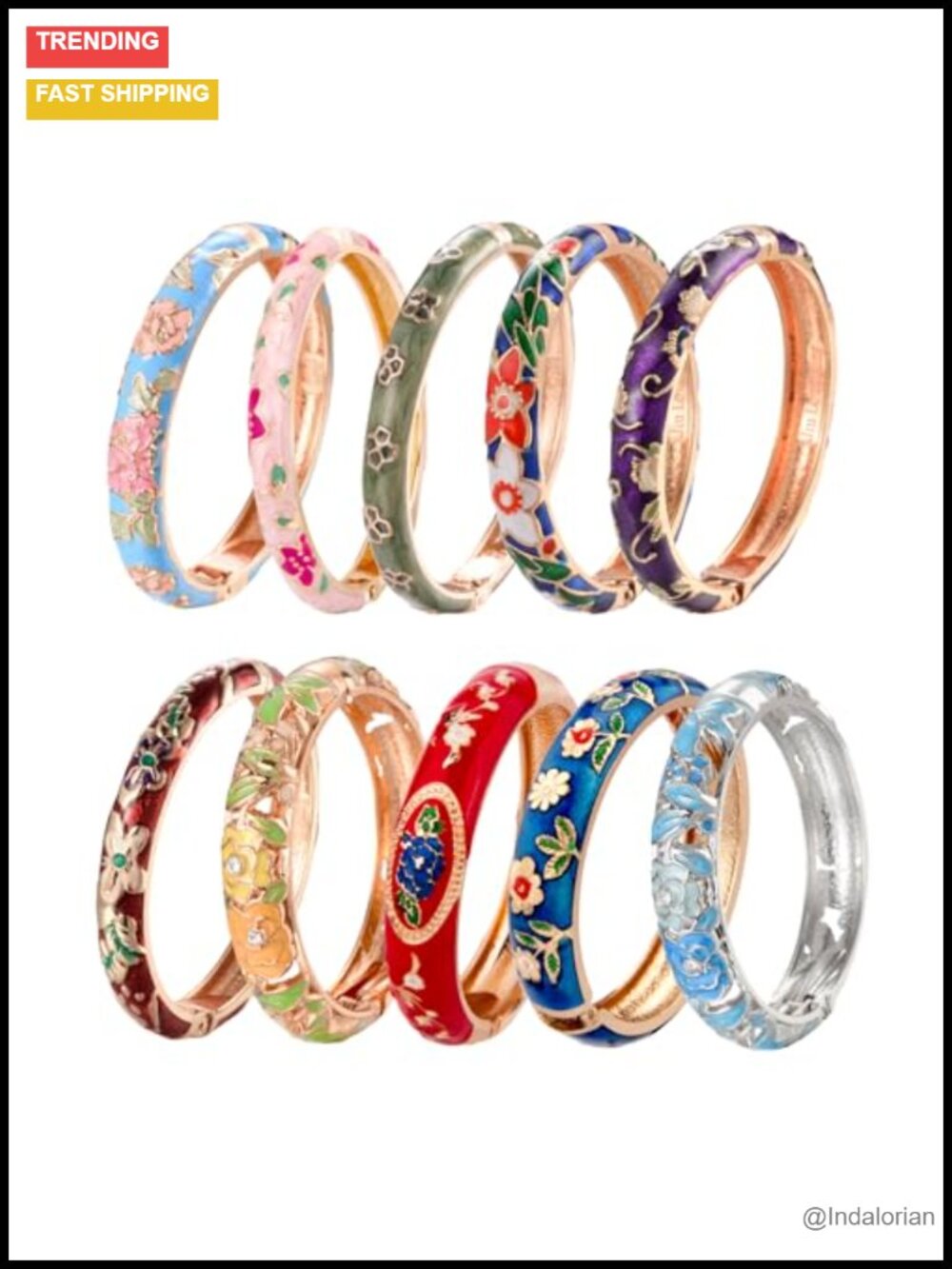 Enamel Cloisonne Bangle Set 10 Pc Golden Flower Engraved Bracelets in Box